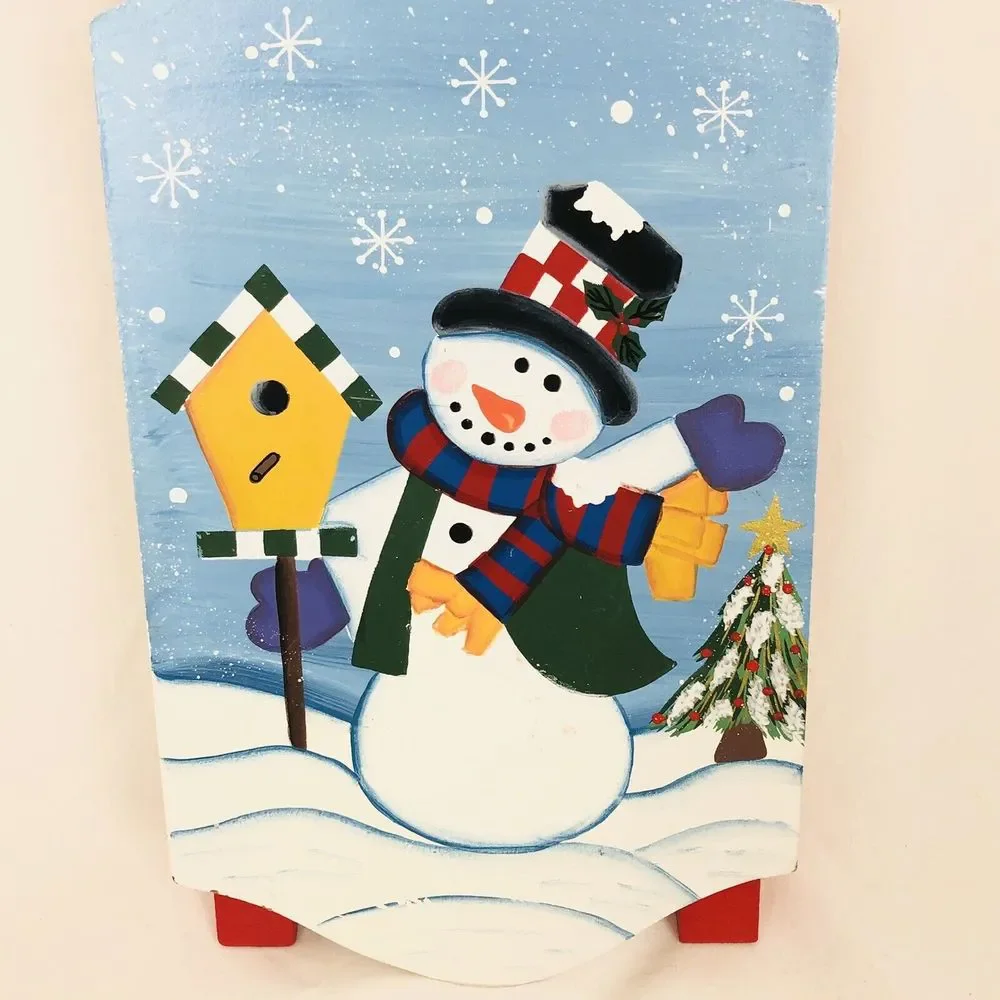 Christmas Wooden Hand Painted Sleigh With Hanger Snowman‎ Winter Snow Decor